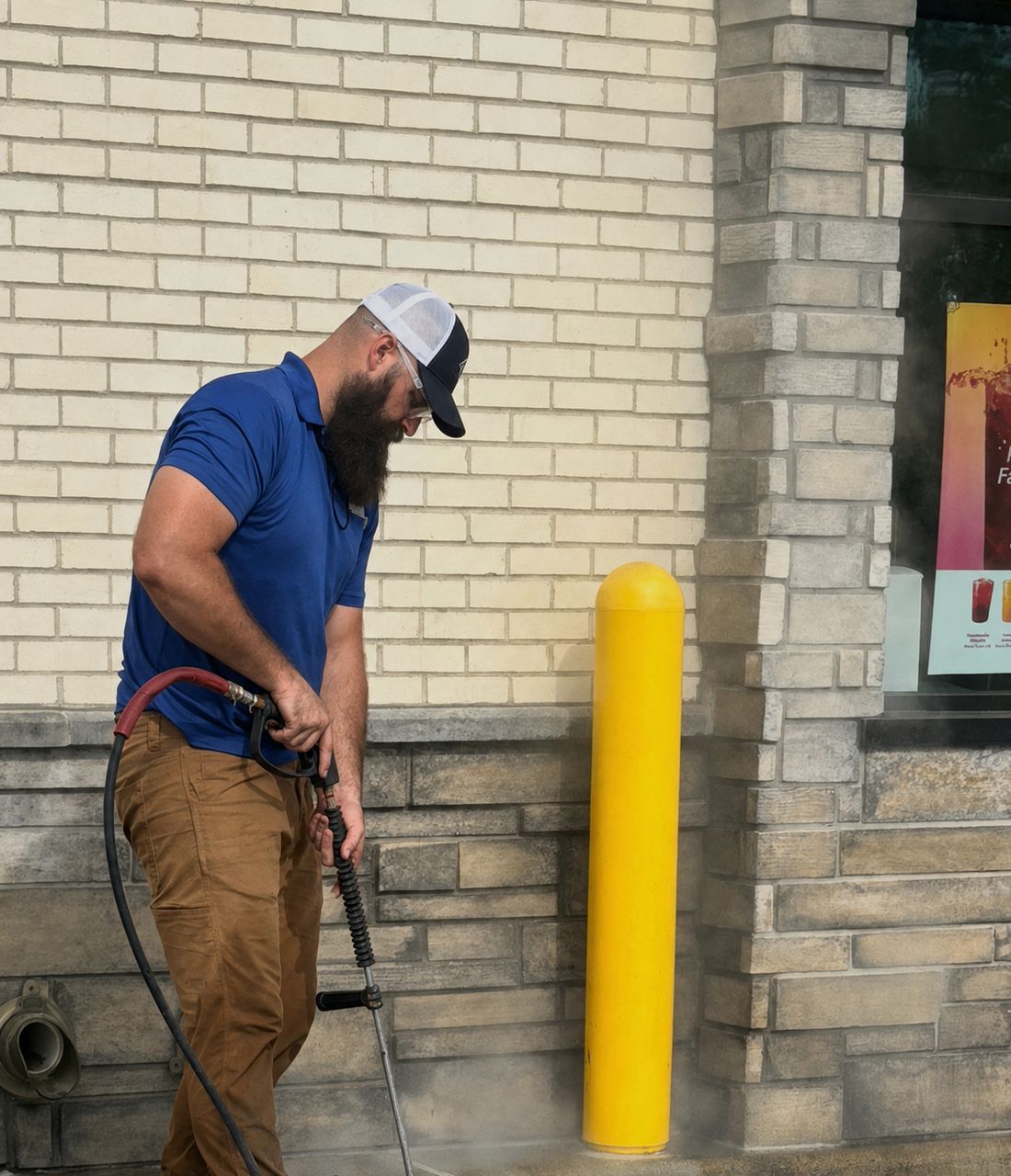 Crew member pressure washing a commercial storefront